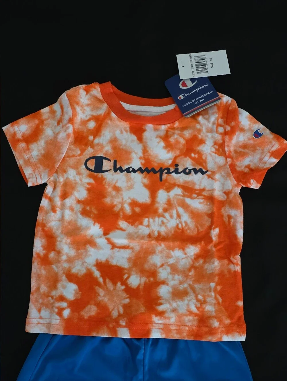 Champion Kids Orange & White Tie-Dye Logo Tee with Blue Shorts 2T